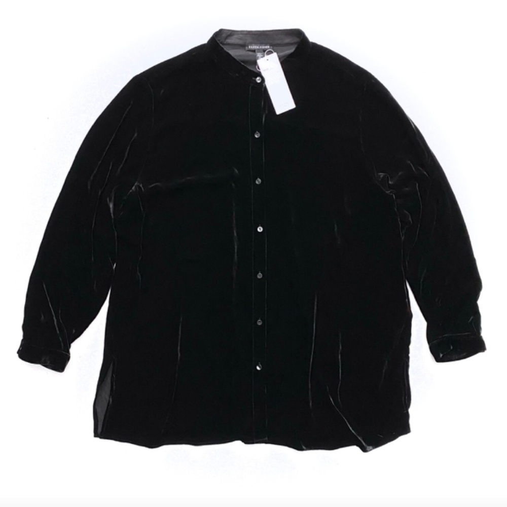 Eileen Fisher Velvet Mandarin Collar Long Sleeve Long Button Front Shirt Nwt